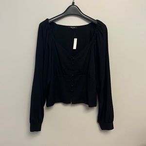 Madewell Button Up V-Neck Blouse with Shoulder and Rear Waist Gathering Size L